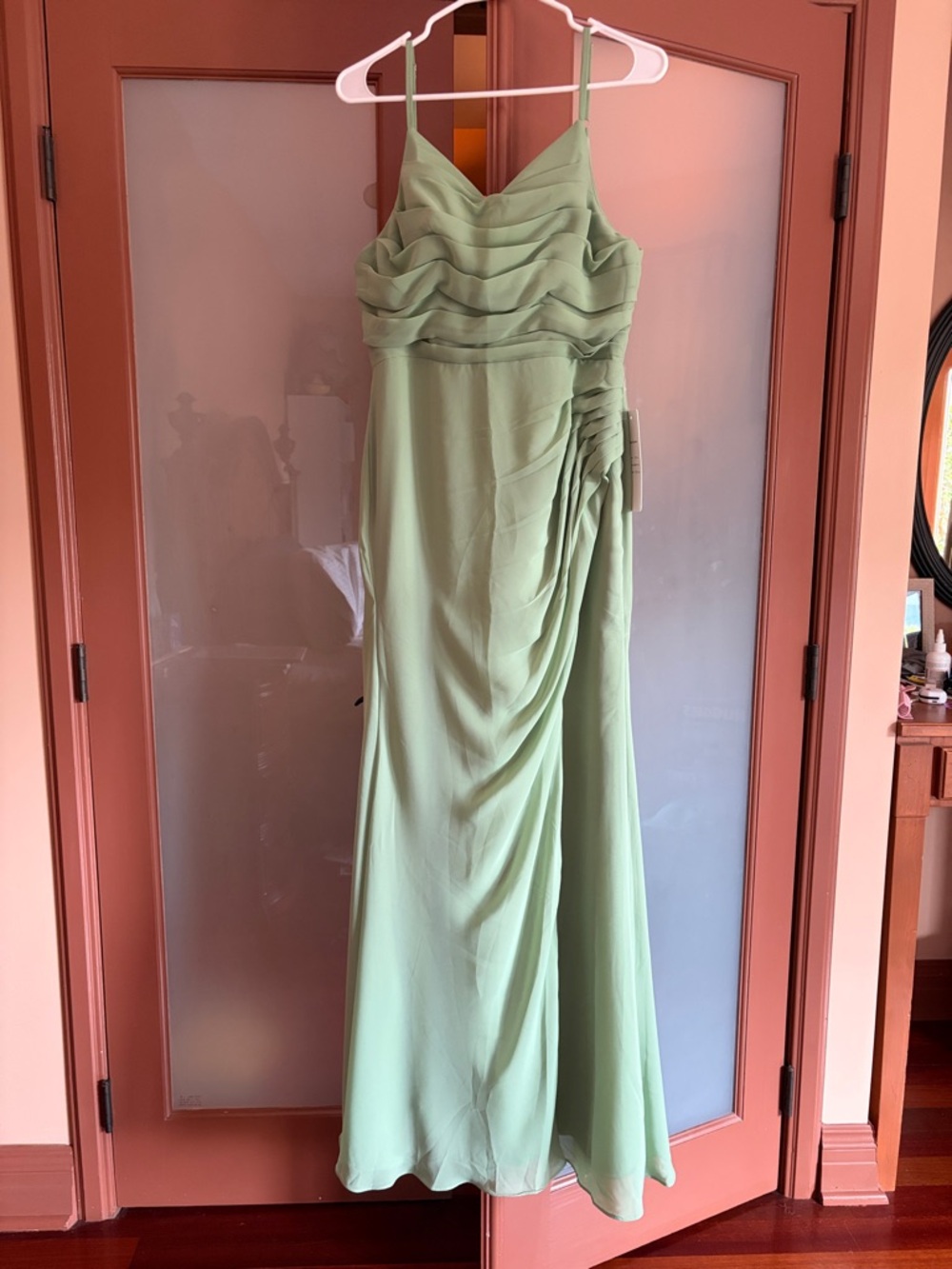 Spaghetti Strap Sage Green Evening Dress